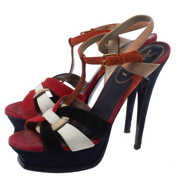 Pre Owned Saint Laurent Multicolor Suede Tribute Platform Sandals Size 40 