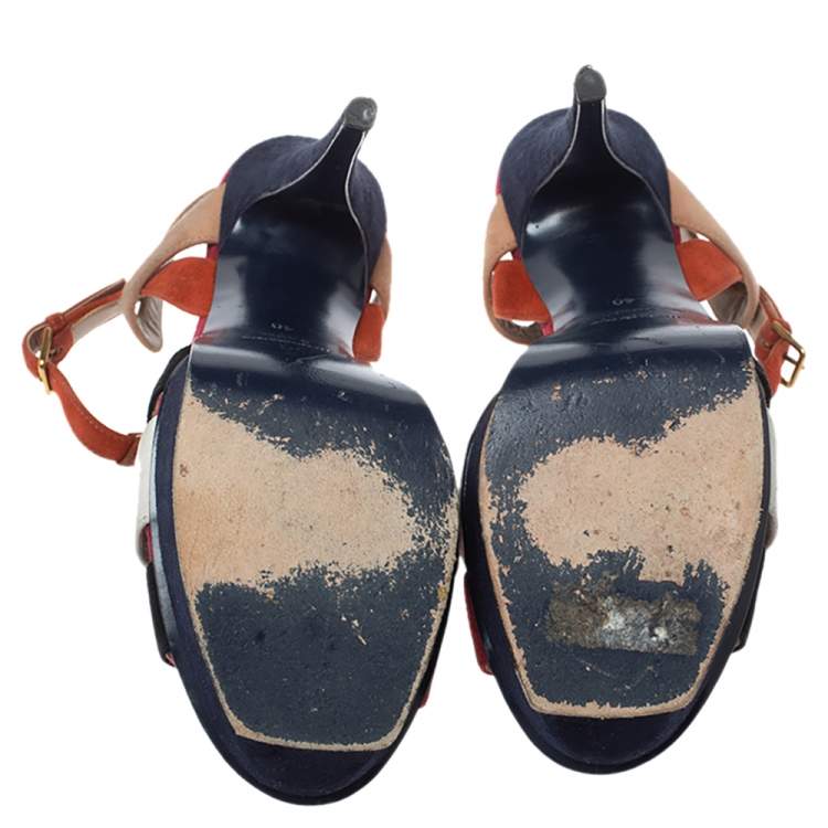 Pre Owned Saint Laurent Multicolor Suede Tribute Platform Sandals Size 40 