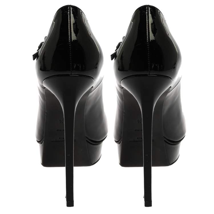 Pre Owned Saint Laurent Paris Black Patent Leather Pointed Toe Ankle Strap Platform Pumps Size 38.5