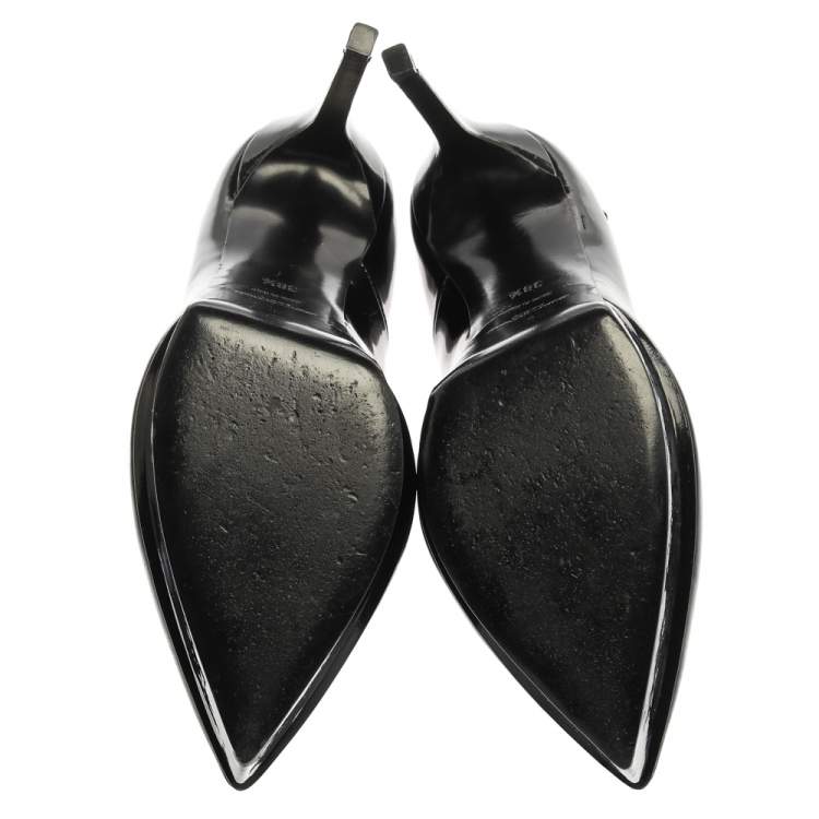 Pre Owned Saint Laurent Paris Black Patent Leather Pointed Toe Ankle Strap Platform Pumps Size 38.5