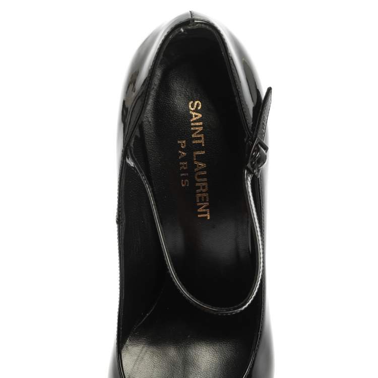 Pre Owned Saint Laurent Paris Black Patent Leather Pointed Toe Ankle Strap Platform Pumps Size 38.5