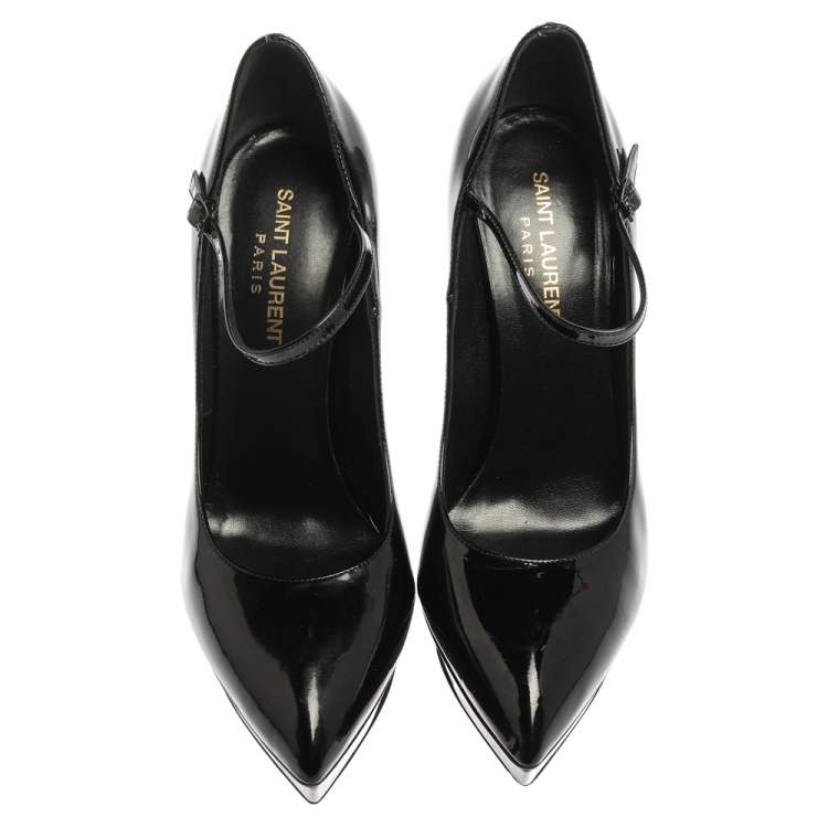 Pre Owned Saint Laurent Paris Black Patent Leather Pointed Toe Ankle Strap Platform Pumps Size 38.5