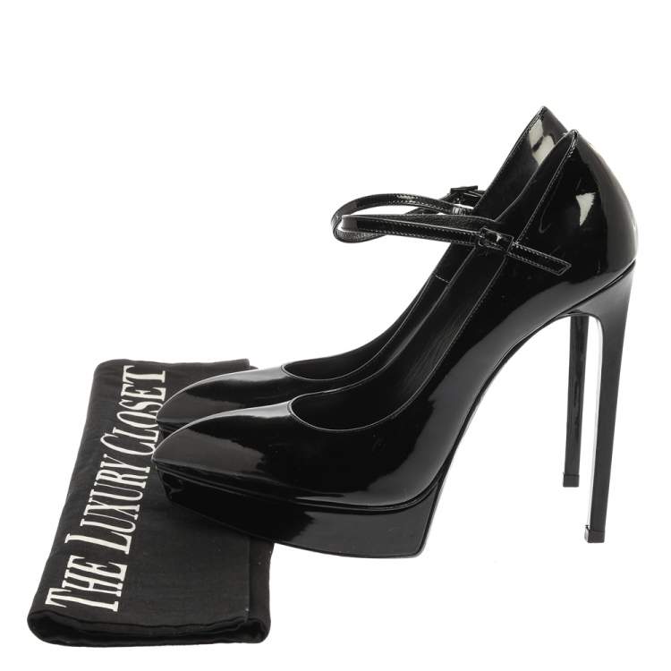 Pre Owned Saint Laurent Paris Black Patent Leather Pointed Toe Ankle Strap Platform Pumps Size 38.5