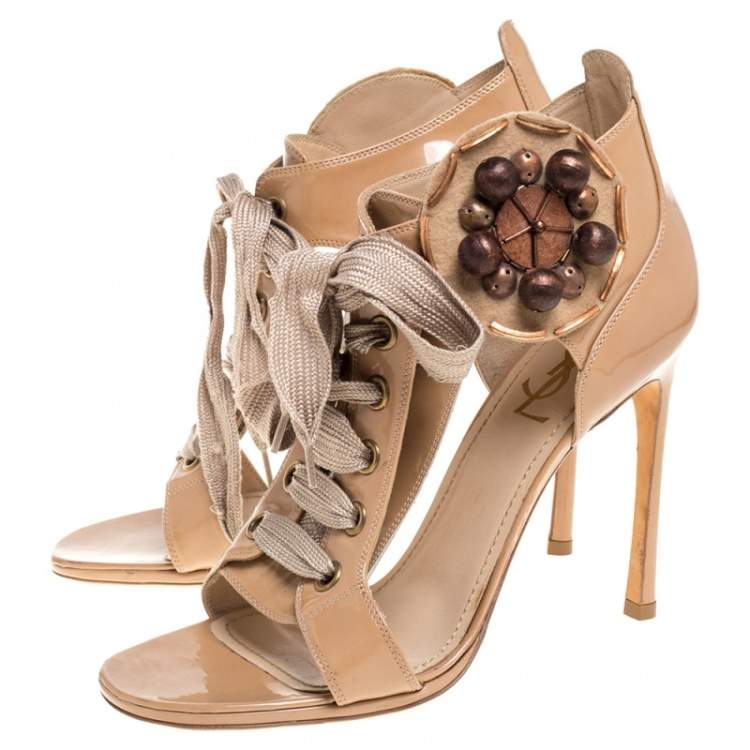 Pre Owned Saint Laurent Beige Patent Leather Embellished Lace Up Booties Size 39