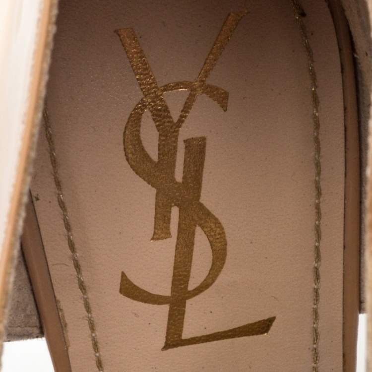 Pre Owned Saint Laurent Beige Patent Leather Embellished Lace Up Booties Size 39