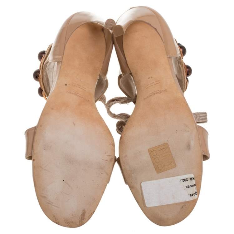Pre Owned Saint Laurent Beige Patent Leather Embellished Lace Up Booties Size 39