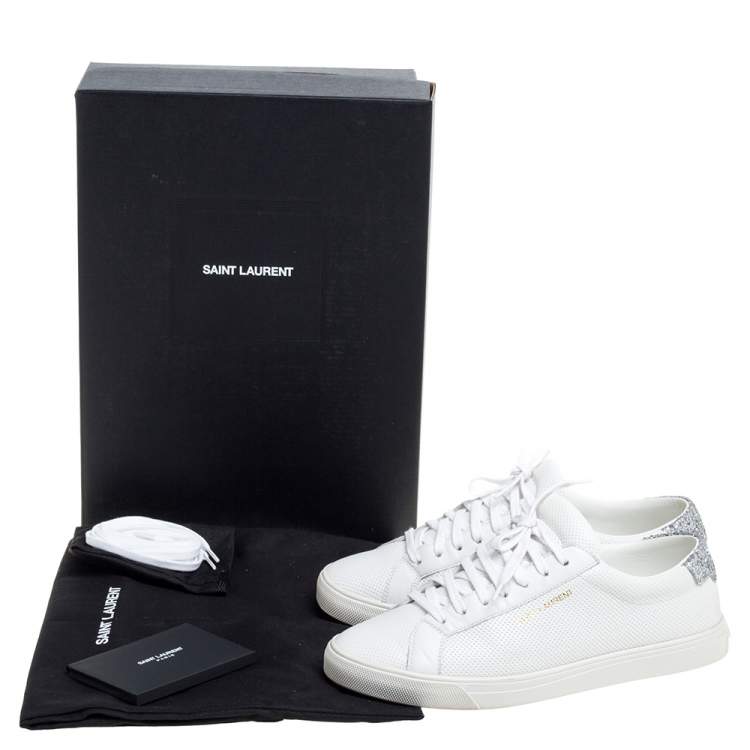 Pre Owned Saint Laurent White Perforated Leather Glitter Andy Low Top Sneakers Size 38