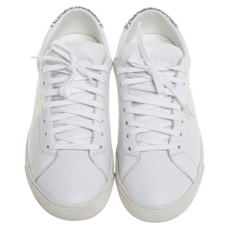 Pre Owned Saint Laurent White Perforated Leather Glitter Andy Low Top Sneakers Size 38