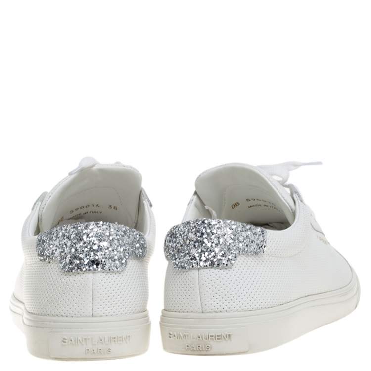 Pre Owned Saint Laurent White Perforated Leather Glitter Andy Low Top Sneakers Size 38