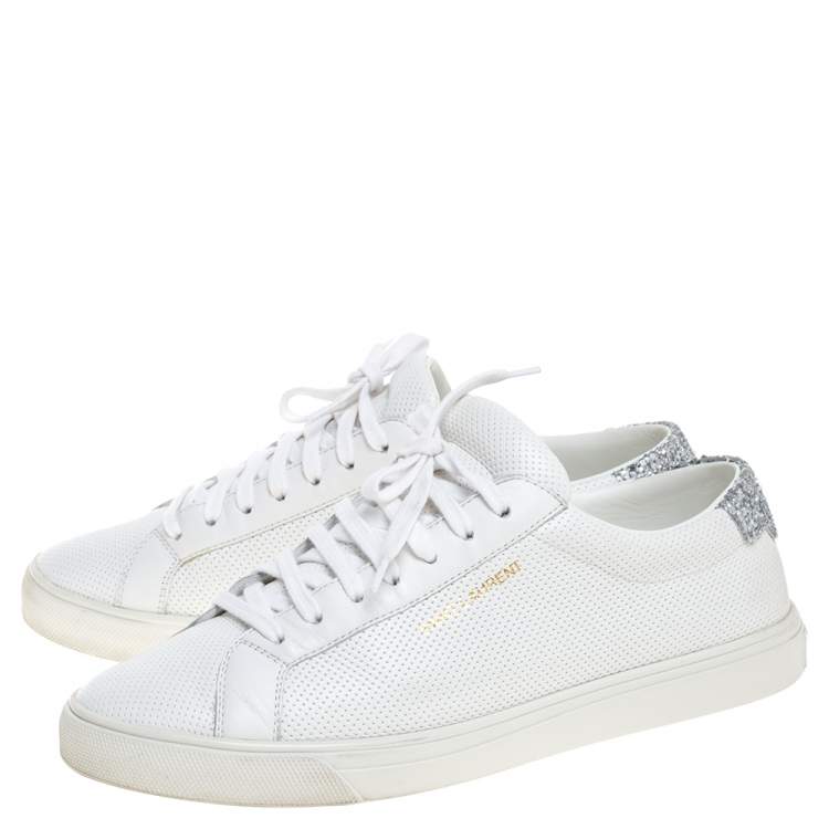 Pre Owned Saint Laurent White Perforated Leather Glitter Andy Low Top Sneakers Size 38