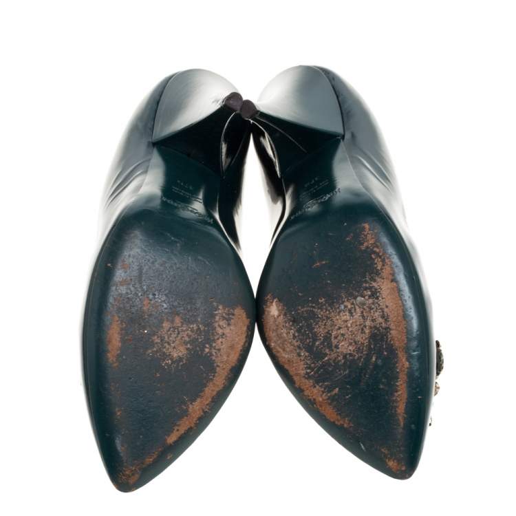 Pre Owned Saint Laurent Green Patent Leather Stone Embellished Pumps Size 37.5