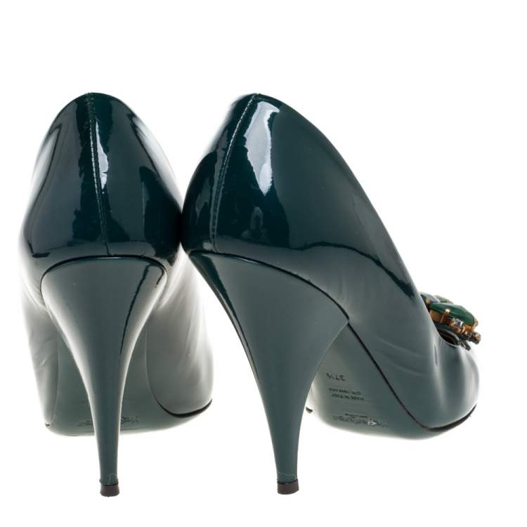Pre Owned Saint Laurent Green Patent Leather Stone Embellished Pumps Size 37.5