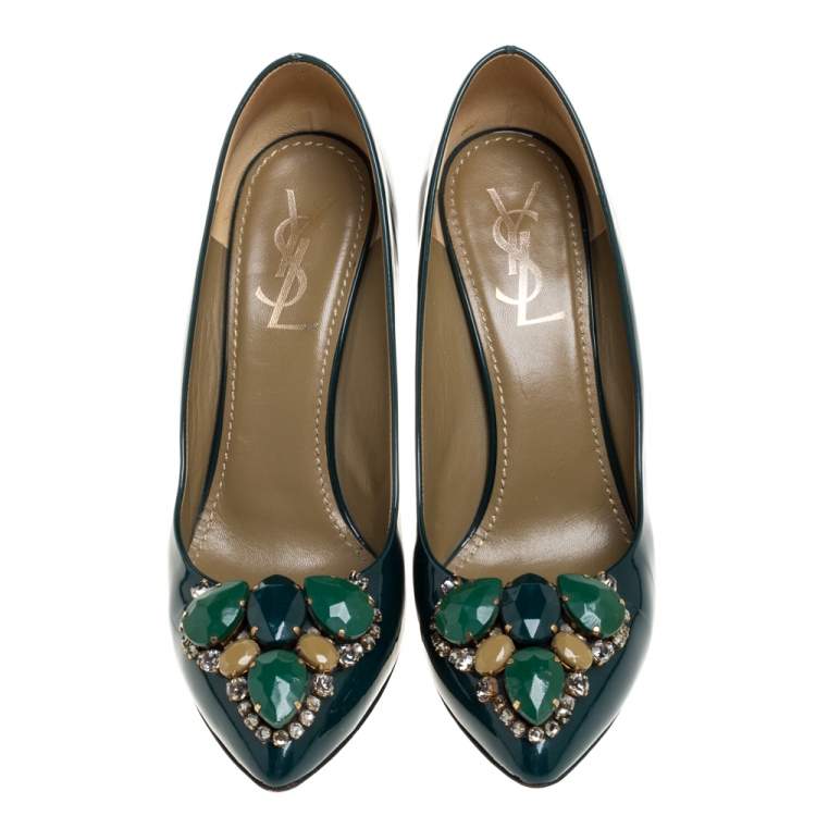 Pre Owned Saint Laurent Green Patent Leather Stone Embellished Pumps Size 37.5