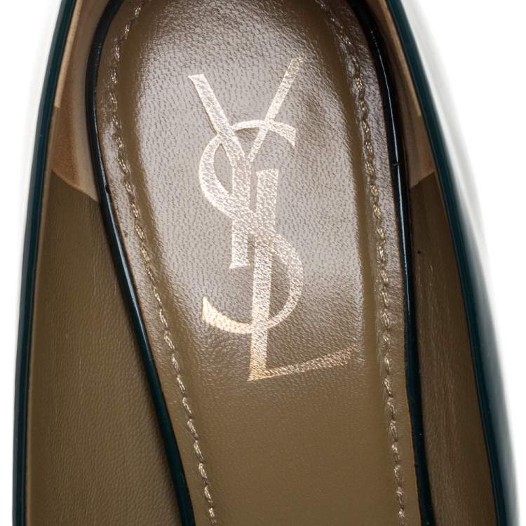 Pre Owned Saint Laurent Green Patent Leather Stone Embellished Pumps Size 37.5