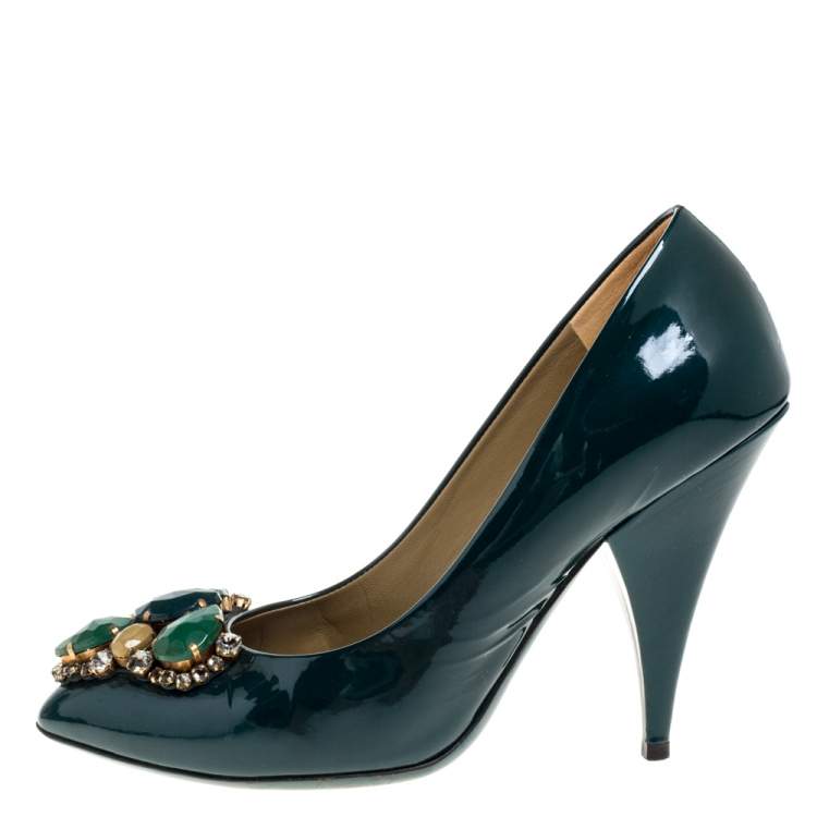 Pre Owned Saint Laurent Green Patent Leather Stone Embellished Pumps Size 37.5