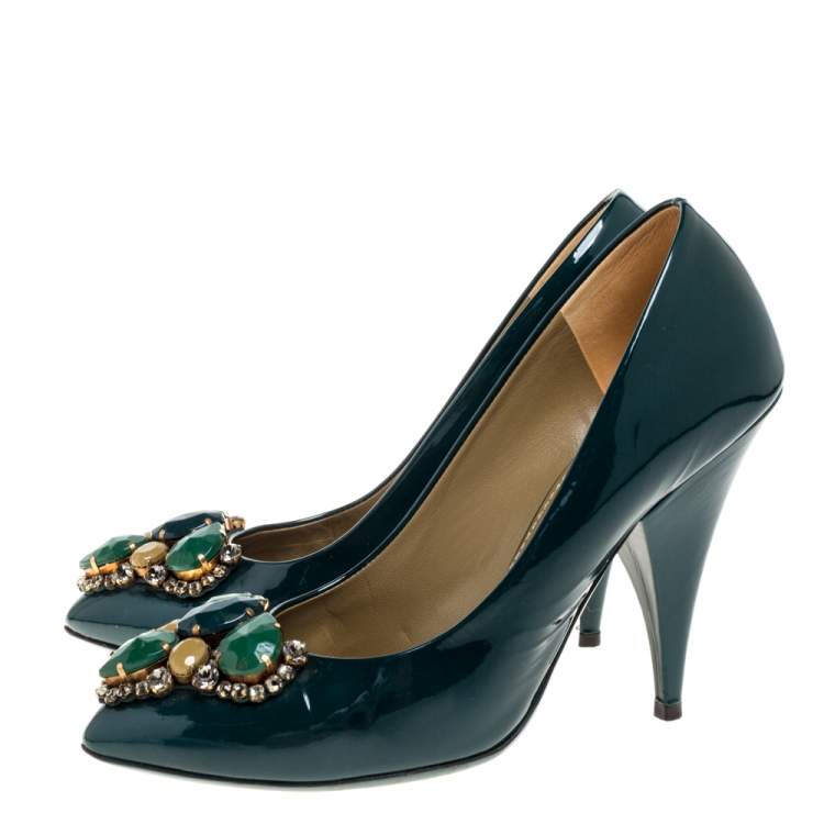 Pre Owned Saint Laurent Green Patent Leather Stone Embellished Pumps Size 37.5