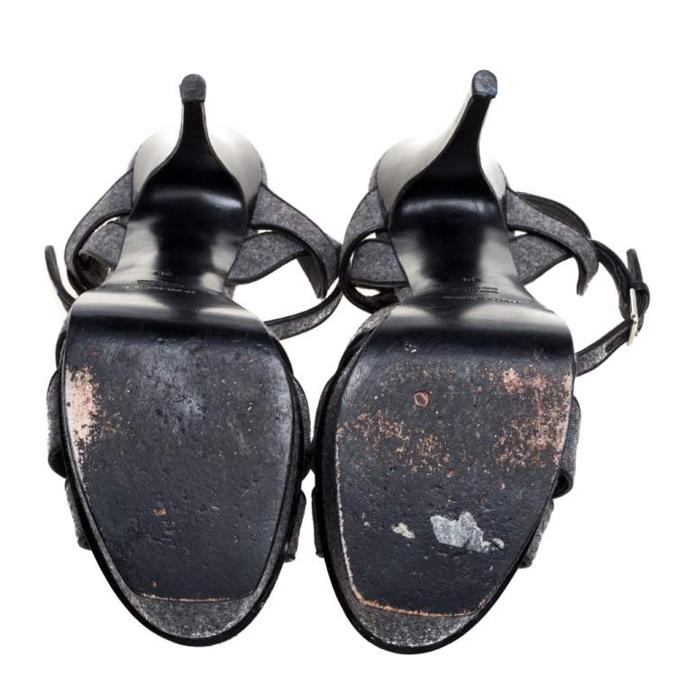 Pre Owned Saint Laurent Paris Grey Tweed Fabric Tribute Sandals Size 38