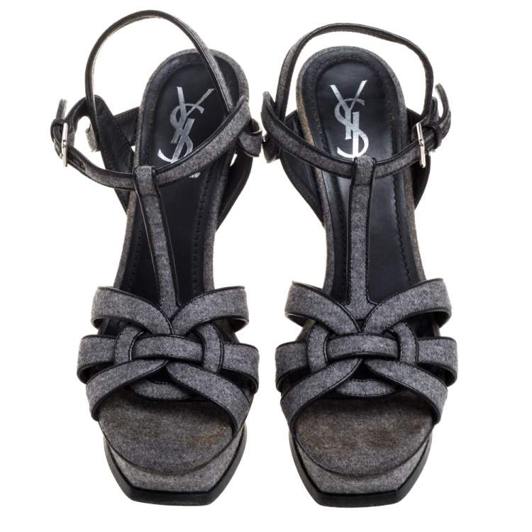 Pre Owned Saint Laurent Paris Grey Tweed Fabric Tribute Sandals Size 38