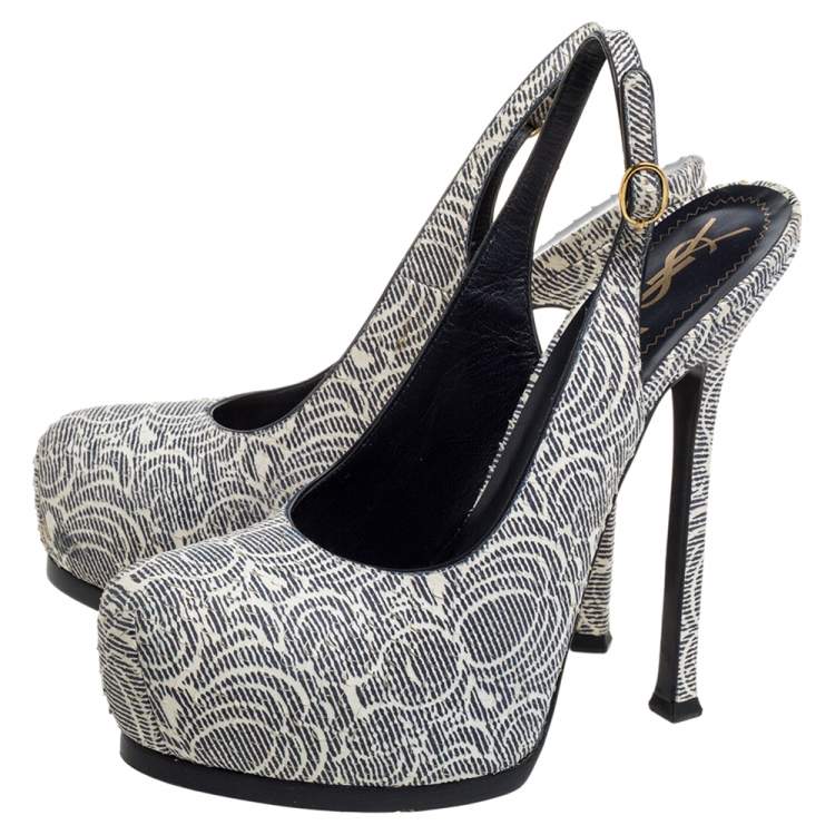 Pre Owned Saint Laurent Paris Cream/Black Printed Python Embossed Leather Tribtoo Slingback Platform Sandals Size 38.5