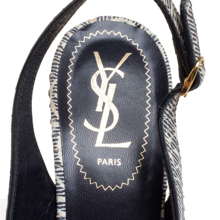 Pre Owned Saint Laurent Paris Cream/Black Printed Python Embossed Leather Tribtoo Slingback Platform Sandals Size 38.5