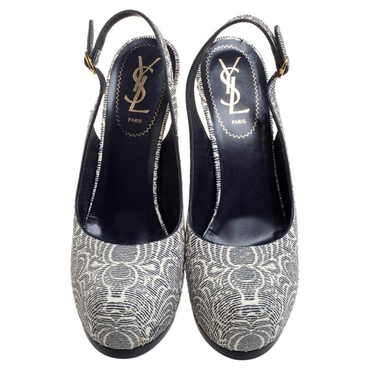 Pre Owned Saint Laurent Paris Cream/Black Printed Python Embossed Leather Tribtoo Slingback Platform Sandals Size 38.5