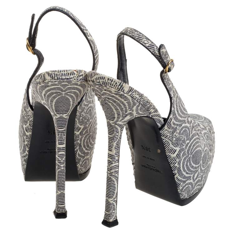 Pre Owned Saint Laurent Paris Cream/Black Printed Python Embossed Leather Tribtoo Slingback Platform Sandals Size 38.5