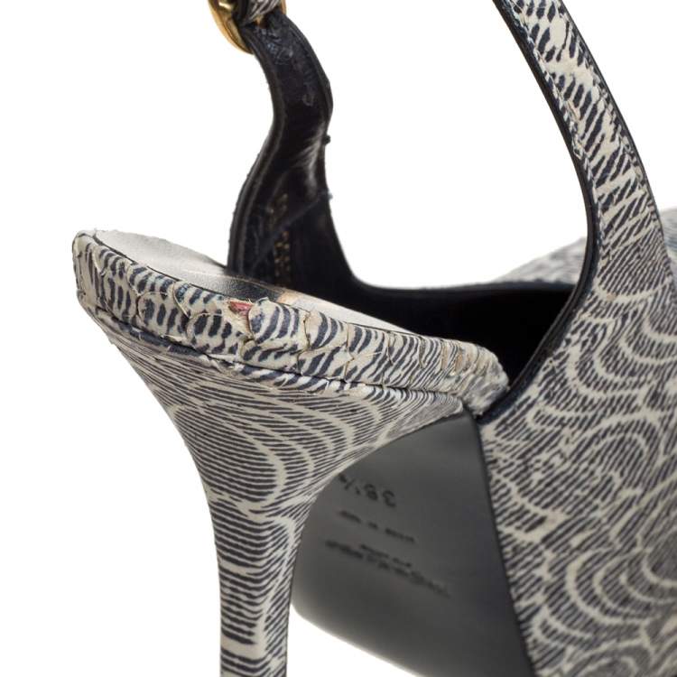Pre Owned Saint Laurent Paris Cream/Black Printed Python Embossed Leather Tribtoo Slingback Platform Sandals Size 38.5