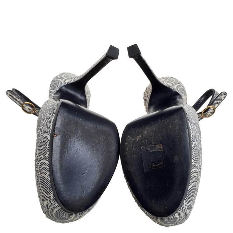 Pre Owned Saint Laurent Paris Cream/Black Printed Python Embossed Leather Tribtoo Slingback Platform Sandals Size 38.5