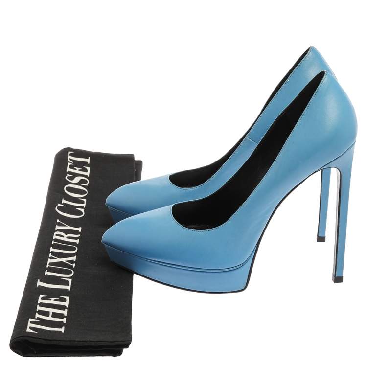 Pre Owned Saint Laurent Paris Blue Leather Pointed Toe Platform Pumps Size 38.5