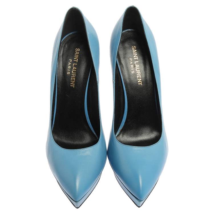Pre Owned Saint Laurent Paris Blue Leather Pointed Toe Platform Pumps Size 38.5