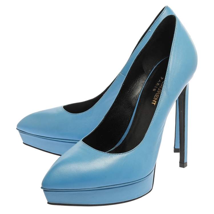 Pre Owned Saint Laurent Paris Blue Leather Pointed Toe Platform Pumps Size 38.5