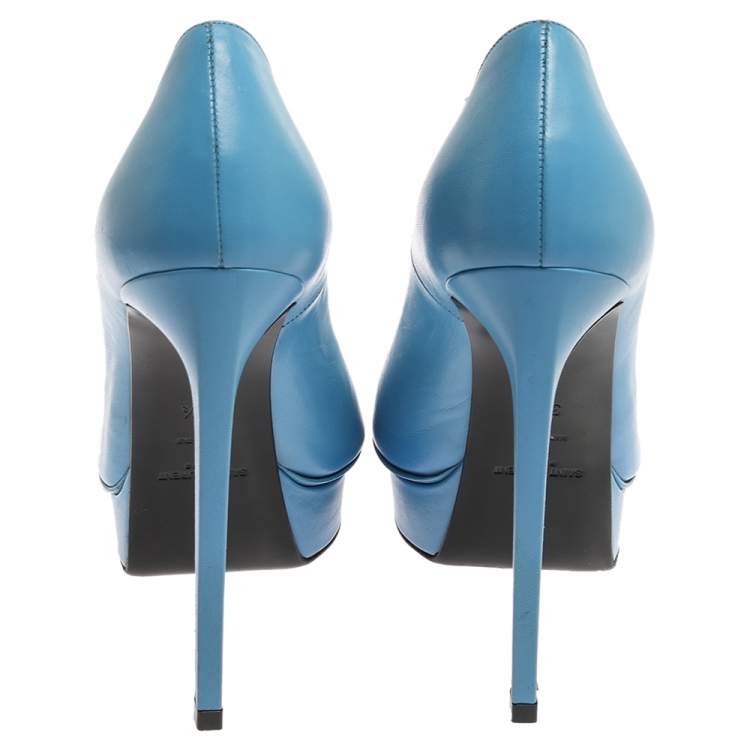 Pre Owned Saint Laurent Paris Blue Leather Pointed Toe Platform Pumps Size 38.5