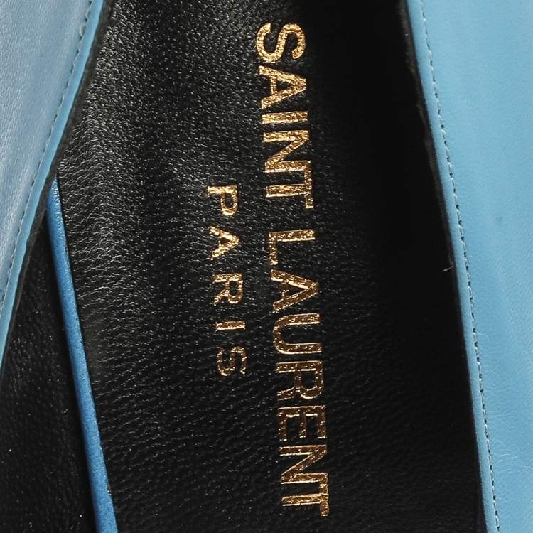 Pre Owned Saint Laurent Paris Blue Leather Pointed Toe Platform Pumps Size 38.5