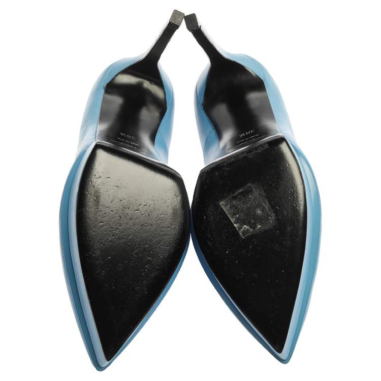 Pre Owned Saint Laurent Paris Blue Leather Pointed Toe Platform Pumps Size 38.5