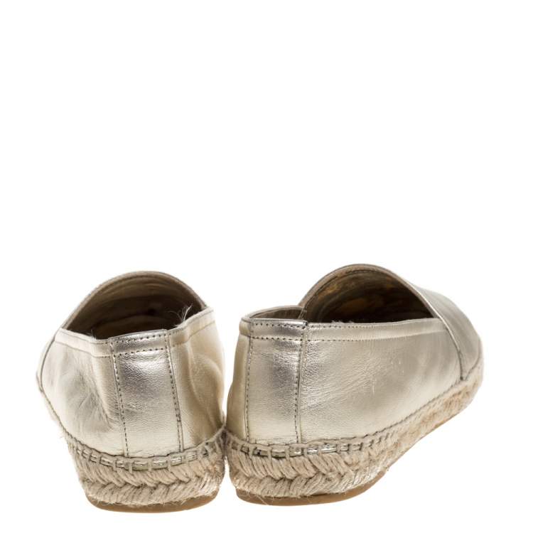 Pre Owned Saint Laurent Paris Metallic Gold Leather Logo Espadrilles Size 35.5