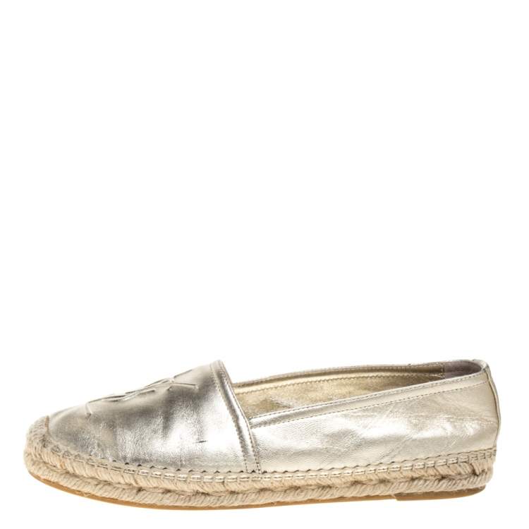 Pre Owned Saint Laurent Paris Metallic Gold Leather Logo Espadrilles Size 35.5