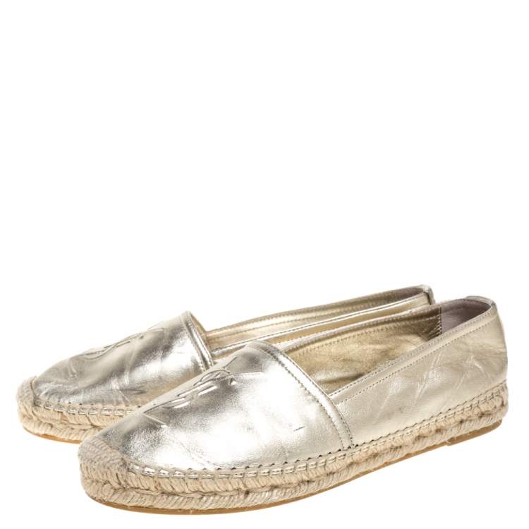 Pre Owned Saint Laurent Paris Metallic Gold Leather Logo Espadrilles Size 35.5