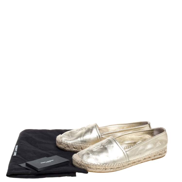 Pre Owned Saint Laurent Paris Metallic Gold Leather Logo Espadrilles Size 35.5