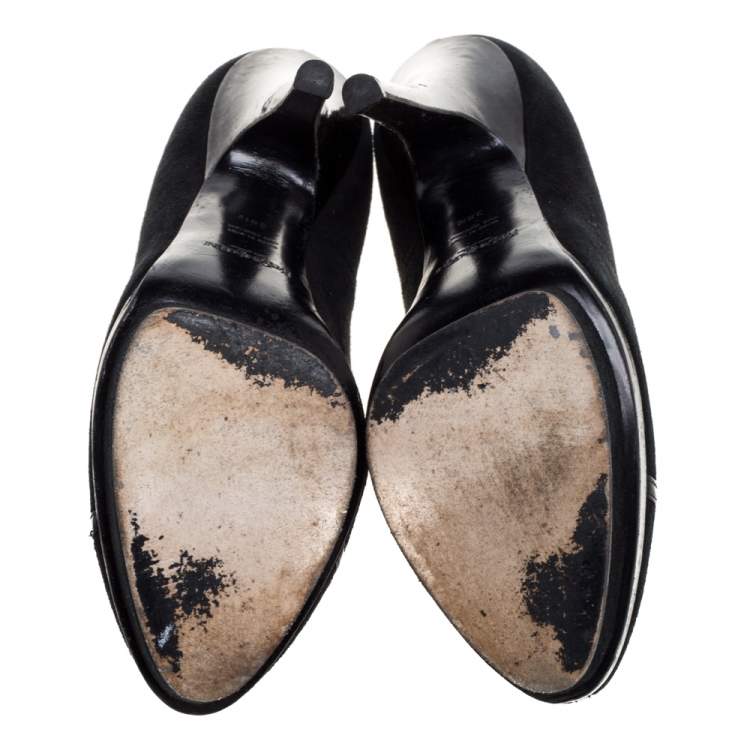 Pre Owned Saint Laurent Paris Black Suede and Patent Leather Trim Platform Pumps Size 38.5