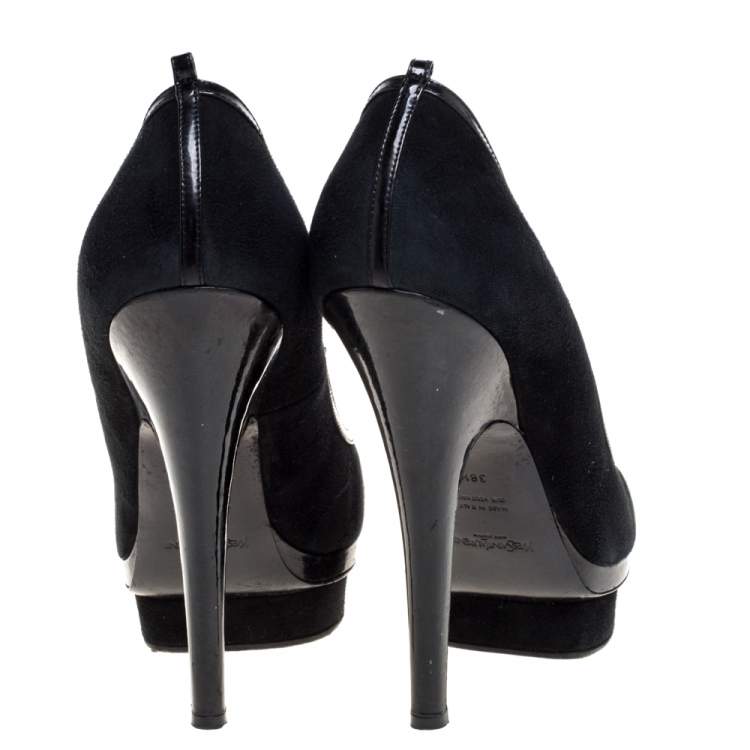 Pre Owned Saint Laurent Paris Black Suede and Patent Leather Trim Platform Pumps Size 38.5