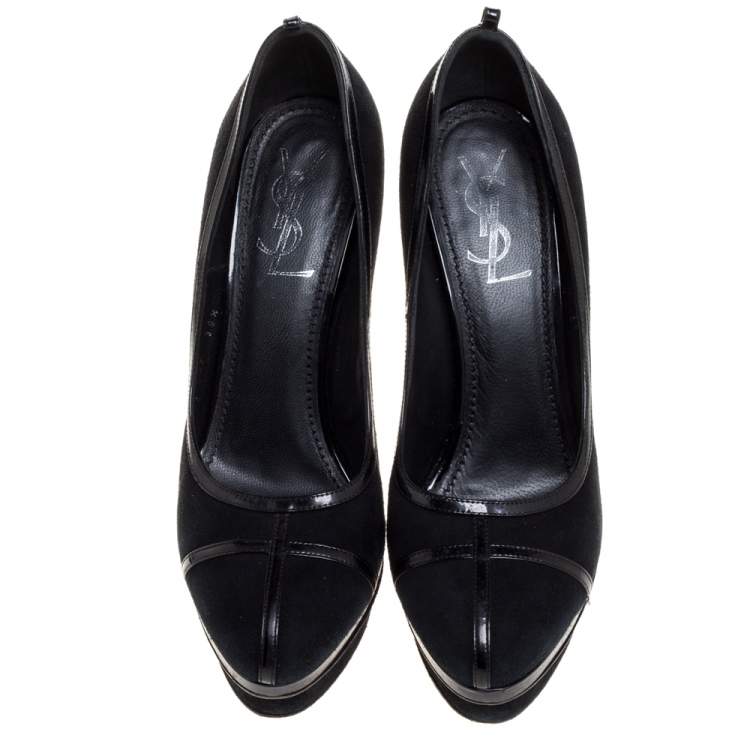 Pre Owned Saint Laurent Paris Black Suede and Patent Leather Trim Platform Pumps Size 38.5