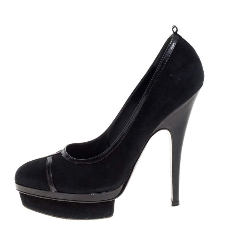 Pre Owned Saint Laurent Paris Black Suede and Patent Leather Trim Platform Pumps Size 38.5