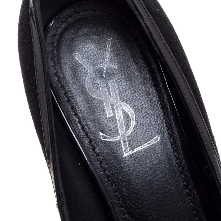 Pre Owned Saint Laurent Paris Black Suede and Patent Leather Trim Platform Pumps Size 38.5