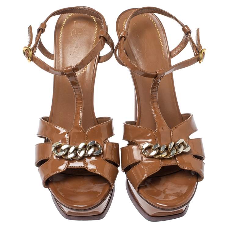 مملوكة مسبقًا  Saint Laurent Paris Brown Patent Leather Tribute Chain Detail Platform Sandals Size 39