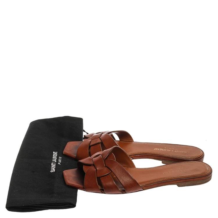 Pre Owned Saint Laurent Paris Brown Leather Tribute Slide Flats Size 36