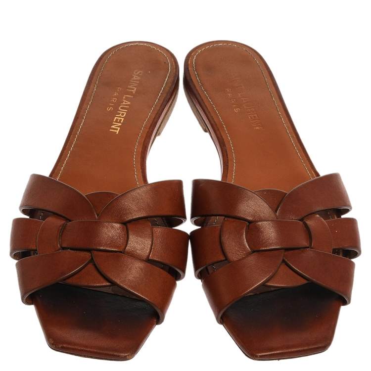 Pre Owned Saint Laurent Paris Brown Leather Tribute Slide Flats Size 36