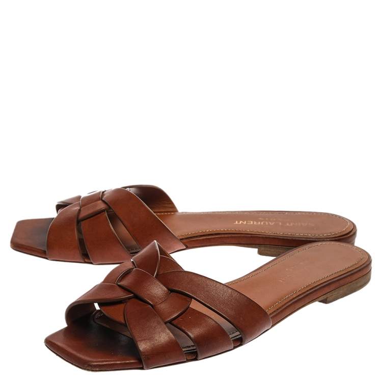 Pre Owned Saint Laurent Paris Brown Leather Tribute Slide Flats Size 36