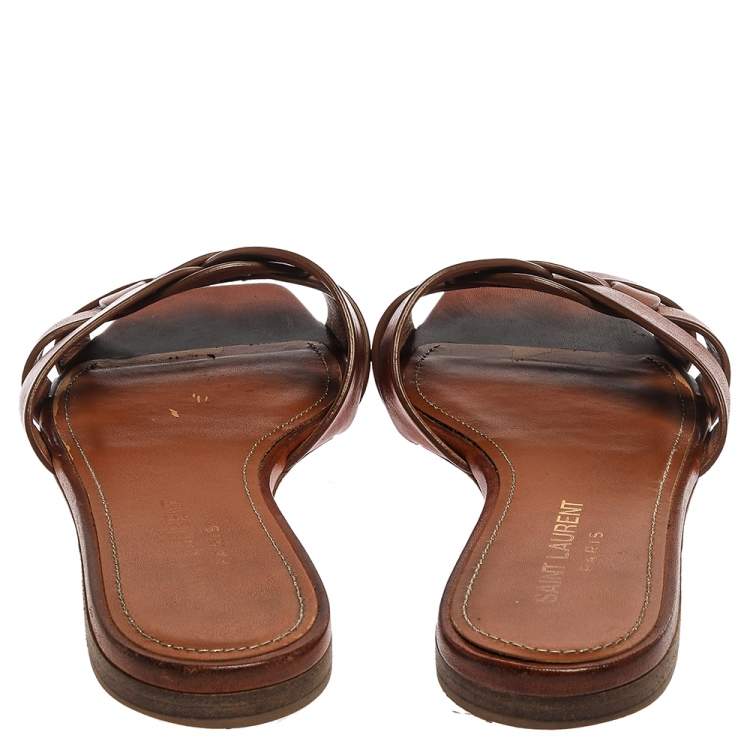 Pre Owned Saint Laurent Paris Brown Leather Tribute Slide Flats Size 36
