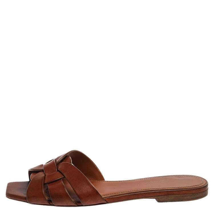 Pre Owned Saint Laurent Paris Brown Leather Tribute Slide Flats Size 36