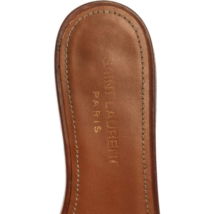 Pre Owned Saint Laurent Paris Brown Leather Tribute Slide Flats Size 36